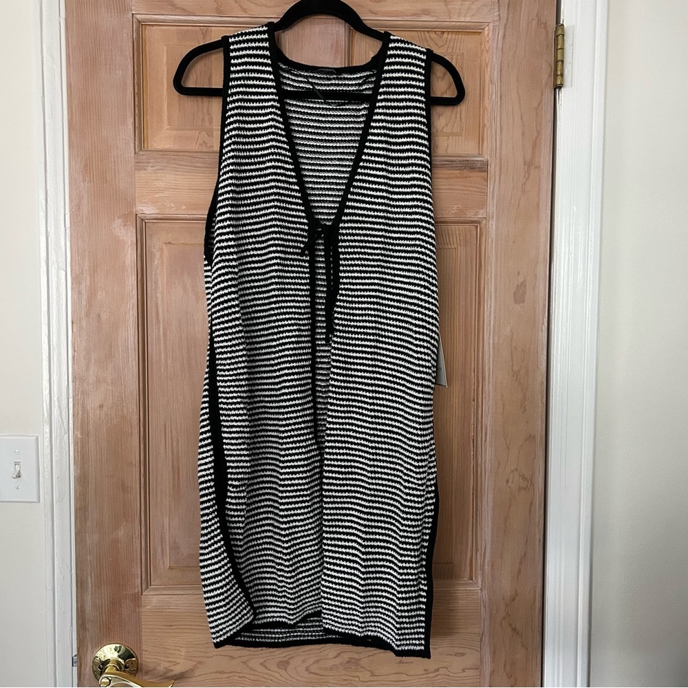 Calligraphie Black and White Striped Knit Long Boho Cardigan Vest Size Small